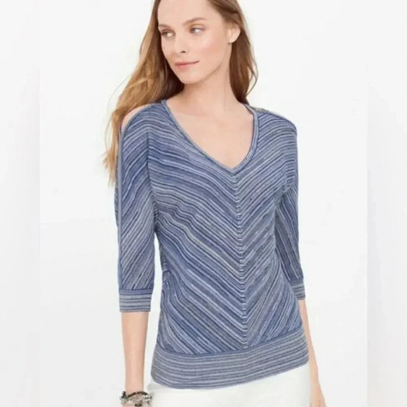 WHBM Women’s XS Blue & White Metallic Chevron V-Neck‎ Cold Shoulder Sweater - Picture 1 of 8
